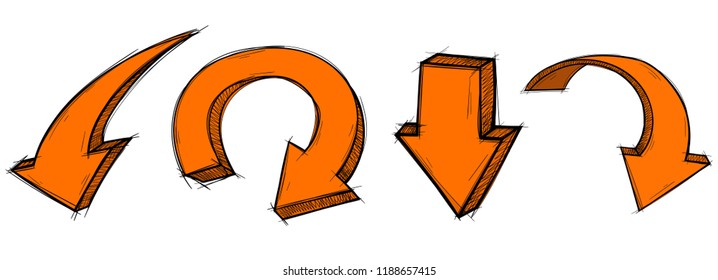 Orange arrows. Down signs. Colored hand drawn sketch. Vector illustration isolated on white background