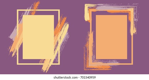 Orange art frame stylish set vector collection. Grunge border with painted brushstrokes background collection. Painted frames advertising graphic design templates for banner, flyer, poster, card.
