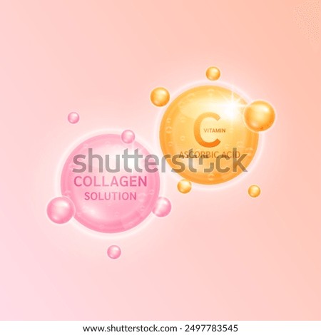 Orange ascorbic acid vitamin C and pink collagen solution. Vitamins complex minerals supplements or cosmetic advertising beauty. Medical scientific concepts. 3D Vector.