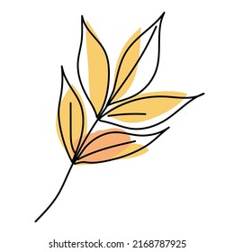 Orange ash leaf isolated on white background. Autumn leaves in linear art with the addition of colored pastel spots. Vector illustration.