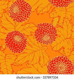 Orange aster flowers with buds and leaves, seamless pattern, vector design
