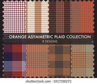 Orange Asymmetric Plaid nahtlose Mustersammlung umfasst 8 Designs für Modetextilien und Grafiken