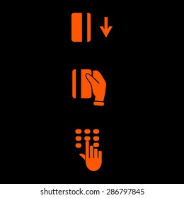 Orange ATM keypad and POS-Terminal - simple icons of hand with credit card on a black background