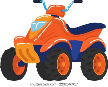 Av naranja, transporte de cuatro ruedas, motocicleta clásica, conducción de aventura, ilustración vectorial de estilo caricaturista, aislado en blanco.