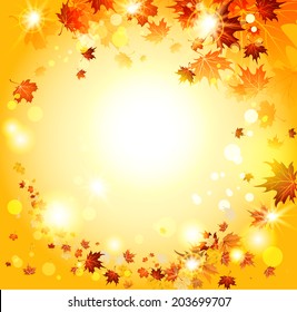 Orange autumn backdrop with maple leaves. Place for text