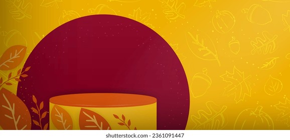 Planilla 3d de fondo naranja de otoño con plataforma en esquina izquierda enmarcada por círculo rojo e ilustrado grupo de hojas, fondo con estampado anaranjado. Ilustración vectorial. 