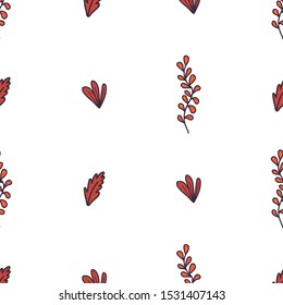 Orange autumn brunch and leaves seamless pattern in modern doodle style for print design, wrapping paper, textile. Graphic floral backdrop. Abstract nature vector background.