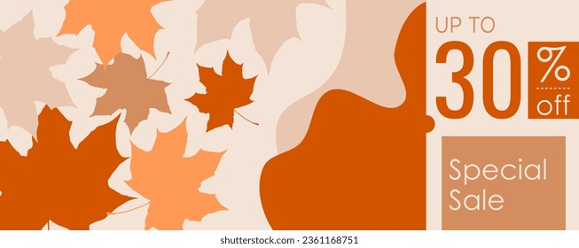 orange autumn dry leaf special sale banner, modern, fashion, flat, nature, abstract. up to 30% off