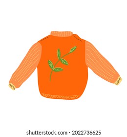 Orange autumn knitted sweater with a leaf pattern. Isolated element on a white background.