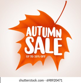 Orange autumn leaf with sale text in white background vector banner design for fall seasonal marketing promotion. Vector illustration.
