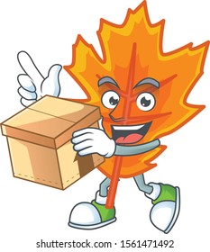 Orange autumn leaves with cartoon character with bring box