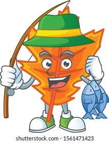 Orange autumn leaves cartoon with fishing mascot