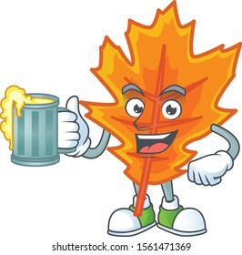 Orange autumn leaves cartoon with holding juice mascot
