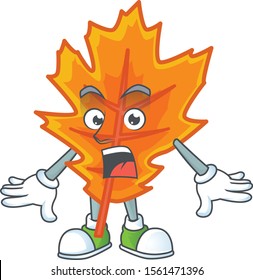 Orange autumn leaves cartoon with surprised mascot