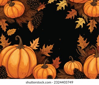 Orange autumn leaves and pumpkins vector illustration. Fall colors background, copy space