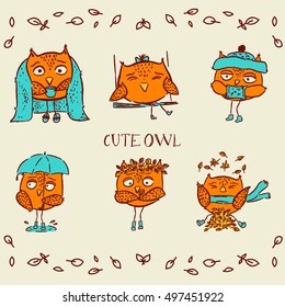 orange autumn owl. Cute hand drawn owl set