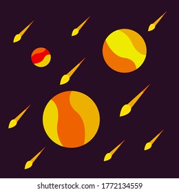orangefarbene Herbstplaneten im Weltraum und fallende Meteoren in Form von Blättern. Goldene Jahreszeit und Naturkonzept