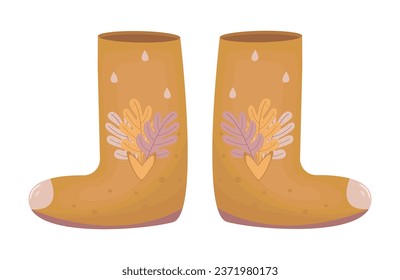 Orange autumn rubber boots, ginger fall shoes with leaves, color vector illustration in boho style