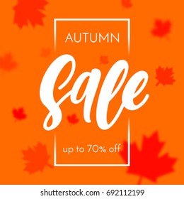 Orange Autumn sale background with falling red maple leaves. Vector discount offer banner with autumnal design for promo poster, leaflet, web banner. Vector modern sale poster