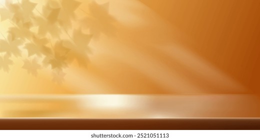 Orange autumn studio scene sunlight background, light shining on wall and floor of stage room, shadows of maple leaves, dry season mood, 3D natural style product display stand.