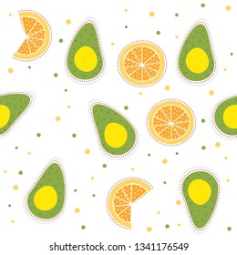 orange and avocado Vector Seamless Pattrern. Colorful tropical fruits seamless pattern.