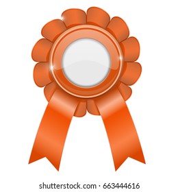 Orange award sign. Shiny 3d prize symbol with white blank circle. Vector illustration isolated on white background