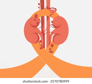 Orange awareness Ribbon with Human kidneys in bloom like a symbol of kidney Cancer awareness month. Medical, health care and prevention concept urinary diseases. Vector illustration