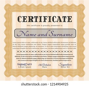 Orange Awesome Certificate template. Artistry design. Vector illustration. With guilloche pattern. 