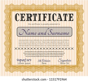 Orange Awesome Certificate template. With background. Vector illustration. Excellent design. 