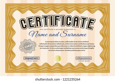 Orange Awesome Certificate template. With background. Vector illustration. Money design. 