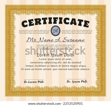Orange Awesome Certificate template.  Beauty design.  With guilloche pattern and background.  Detailed. 