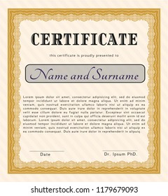 Orange Awesome Certificate template. With complex linear background. Money Pattern design. Detailed. 