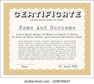 Orange Awesome Certificate template. Complex background. Vector illustration. Cordial design. 