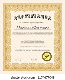 Orange Awesome Certificate template. Detailed. With complex linear background. Money style design. 