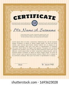Orange Awesome Certificate template. Detailed. Easy to print. Money Pattern design. 