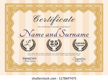 Orange Awesome Certificate template. Elegant design. With complex background. Detailed. 