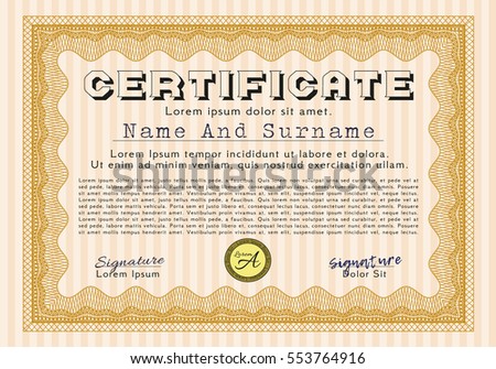 Orange Awesome Certificate template. Excellent design. With guilloche pattern. Detailed. 