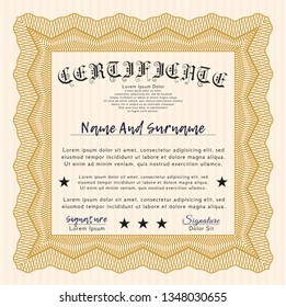 Orange Awesome Certificate template. With great quality guilloche pattern. Vector illustration. Money Pattern design. 