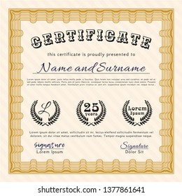 Orange Awesome Certificate template. Modern design. Vector illustration. With guilloche pattern and background. 