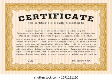 Orange Awesome Certificate template. Money style design. Vector illustration. With great quality guilloche pattern. 