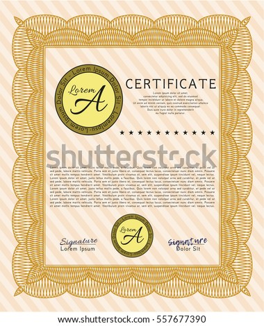 Orange Awesome Certificate template. Money style design. Vector illustration. With complex background. 