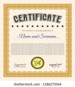 Orange Awesome Certificate template. Perfect design. Vector illustration. With complex linear background. 