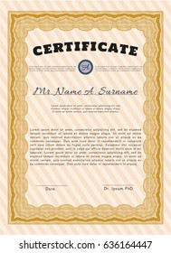 Orange Awesome Certificate template. Perfect design. Vector illustration. With guilloche pattern and background. 