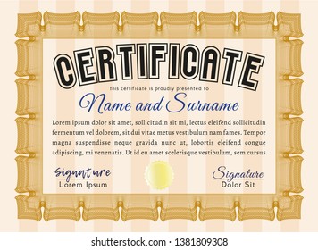 Orange Awesome Certificate template. Printer friendly. Detailed. Money Pattern. 
