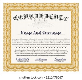 Orange Awesome Certificate template. Superior design. Printer friendly. Vector illustration. 