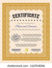 Orange Awesome Certificate template. Vector illustration. With guilloche pattern. Money Pattern. 