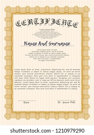Orange Awesome Certificate template. Vector illustration. Printer friendly. Artistry design. 