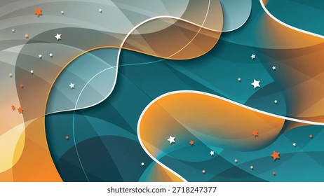 Orangefarbener und azurblauer Kunsthintergrund mit wellenförmigen Linien und Sternen. Eine hervorragende Illustration für Werbung, Poster, Postkarten, Visitenkarten, Unternehmensattribute und Ihre anderen Projekte. Vektor.