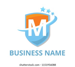 orange and baby blue color shield get slice into half logo graphic design with modern clean style for protection or security company with initial type letter m on it