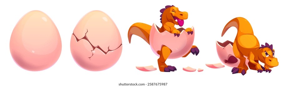 Orange baby dinosaur hatching sequence - whole pink egg, cracked shell with cracks, joyful raptor emerging from eggshell, curious little dino character. Cute prehistoric reptile birth process.